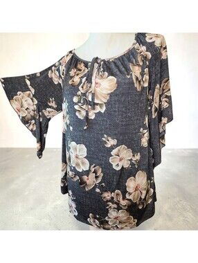 Espresso Medium Womens Gray Beige Floral Blouse Flutter Sleeve Boho Relaxed Fit